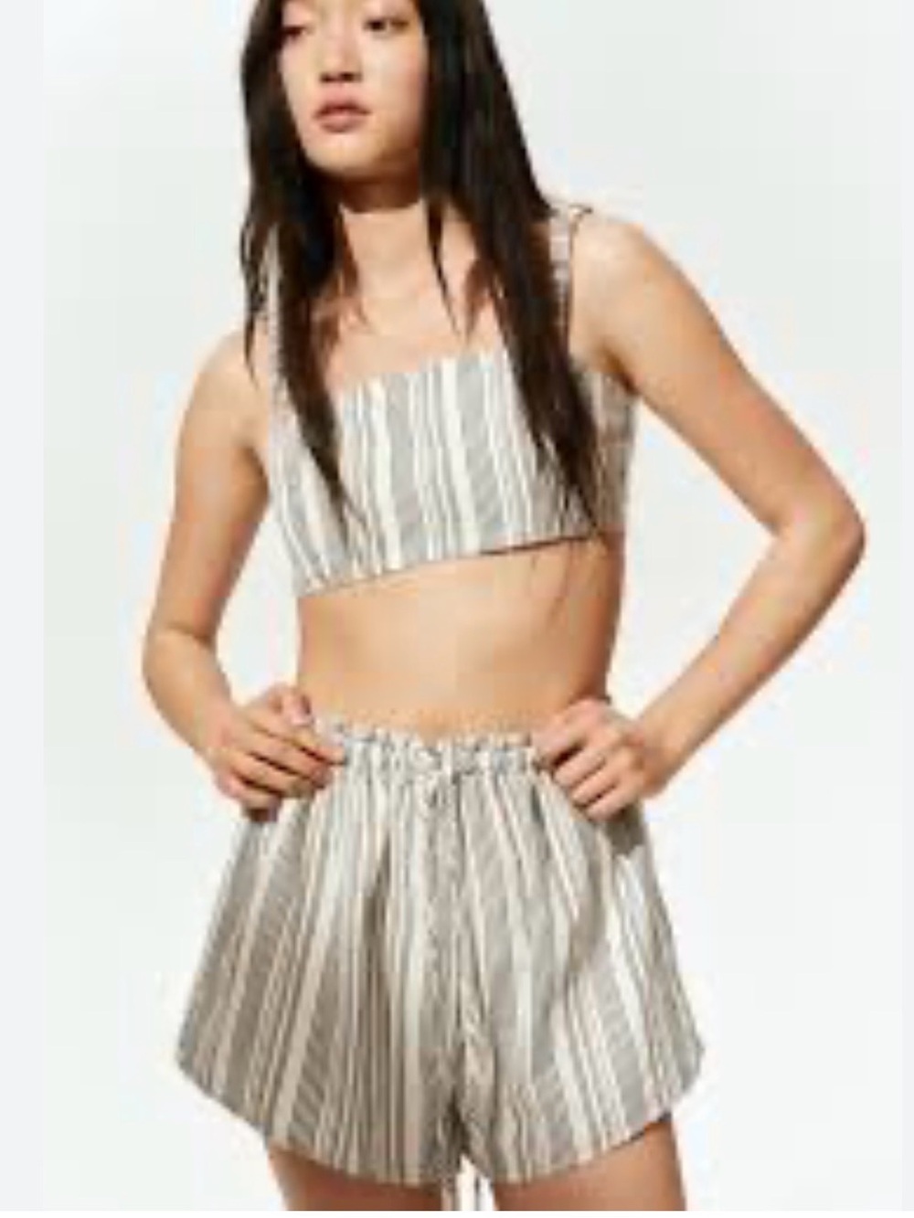 H&M Beige and White Striped Cotton Crop Top & Shorts Set